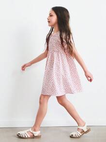 SHEIN Young Girls Elastic Off Shoulder Puff Sleeve Loose Flared Ditsy Floral Dresses - Beige - View 3