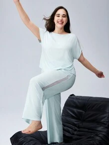LUVLETTE Bộ đồ ngủ tay ngắn lưới thoáng khí mềm mại Plus & quần dài thoáng khí Bộ đồ ngủ thể thao thoải mái thường ngày Quần áo thể thao có túi Đồ lót làm đồ mặc ngoài Bộ đồ ngủ cho nữ - Màu xanh nhạt - Xem 6