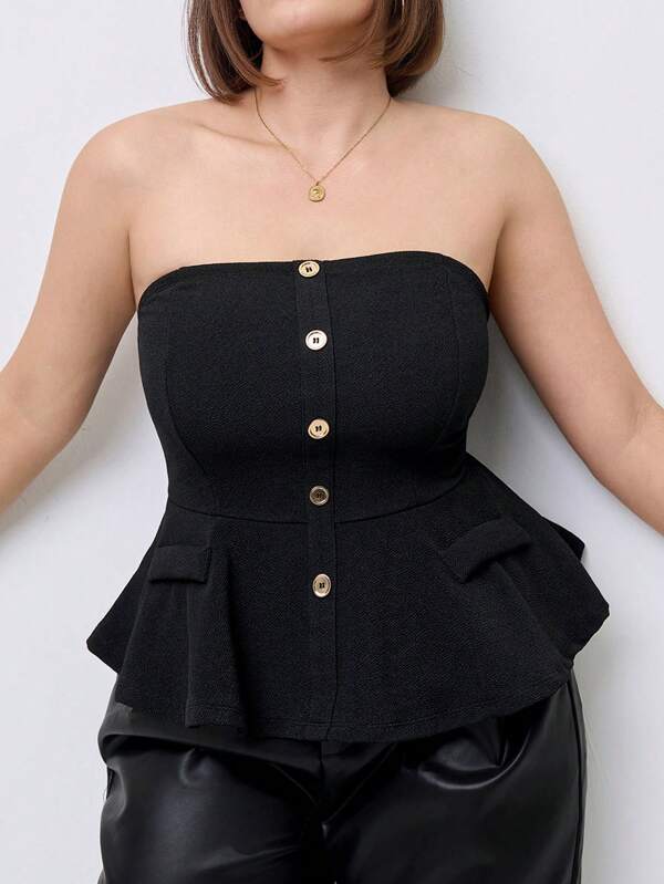 SHEIN Clasi Elegant Plus Size Women Metal Button Decor Waist Fitted Strapless Top, Spring