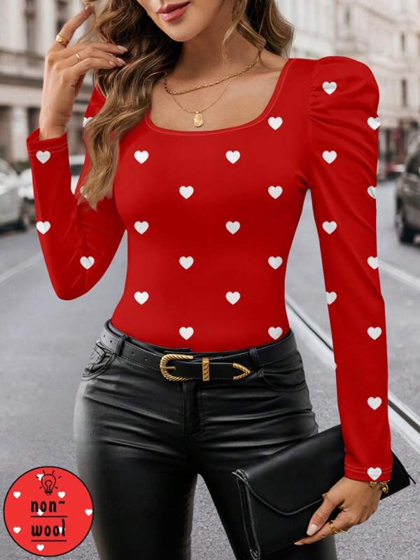 SHEIN Clasi Women's Casual Minimalist Red Heart Pattern Balloon Sleeve Blouse, Suitable For Spring/Autumn