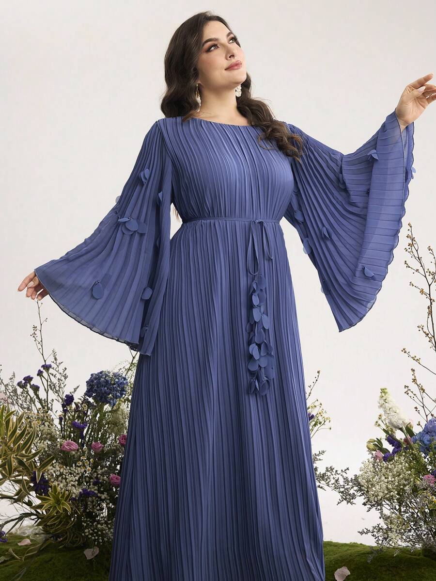 Graceveil 大码女式时尚优雅褶饰花朵摇曳连衣裙 - 霧霾藍 - 查看 1