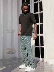 ROMWE MEN Street Life Men's Star Pattern Layered Skinny Fit Flared Leg Jeans, Streetwear Style - Blue - View 6