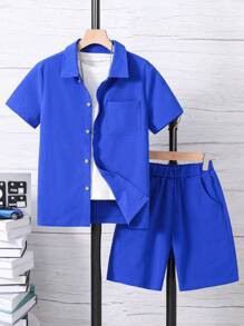 SHEIN 2入組簡約短袖襯衫和短褲裝套裝，適用於青少年男孩 - 藍色 - 查看 3