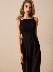 Poéselle جمبسوت سيدات بحمالات قابلة للتعديل ذات لون أحادي الزي، موضة بسيطة للاستخدام اليومي، جمبسوت أنيقة بدون أكمام باللون الأسود، جمبسوت أسود كلاسيكية، جمالية النقود القديمة