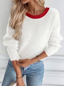 Chiquease 新款宽松休闲针织套头衫，女款，舒适时尚设计，秋冬蝴蝶结针织套头衫 - 白色 - 查看 4