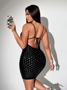 Viva Relle Rhinestone & Crystal Embellished Elegant Bodycon Camisole Dress For Plus Size, Suitable For Valentine's, Party, DateValentine's Day - Black - View 6