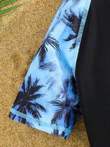 SHEIN 2 件套青少年男孩休闲字母和棕榈树印花泳衣上衣和泳裤套装，非常适合海滩度假、游泳、冲浪，物超所值 - 藍色 - 查看 6