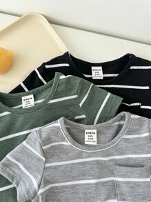 SHEIN Vintaside Kids 3 pièces Ensemble de Top rayé unisexe pour bébé garçon, noir, gris et vert olive - Couleurs assorties convenant à toutes les occasions en été. Vêtements de bébé garçon, hauts pour bébés garçons, vêtements pour garçons, vêtements de bébé garçon, hauts pour bébés garçons