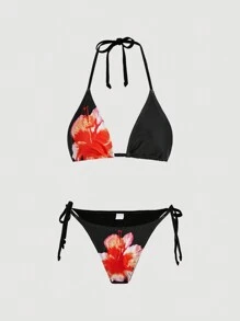 SHEIN MOD 3 Pieces Set: Red Floral Bandeau Bikini Top And Ruffle Skirt Cover-Up, Beach Outfits For Woman, Vacation Outfits Woman, Tropical Vacation Woman Clothes, Swimwear Set, Sexy, Sexy Bikini, Vacation Outfits Women, Beach Vacation, Two Pieces Swimwear For Summer Beach Vacation