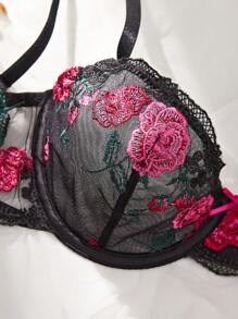 2pcs Women Black & Burgundy Floral Embroidery Lingerie Set