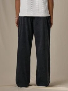 SWAVVY Men's Standard Size Fashionable Casual Distressed Washed Textured Splicing Loose Wide Leg Straight Fit Pants, Dark Gray