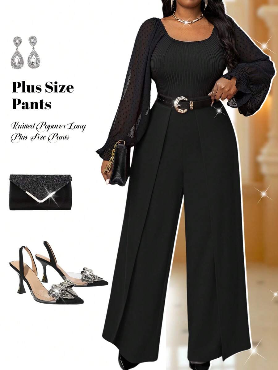 Fleurora Autumn And Winter Elegant Party Work Wedding Cocktail Party Office Concert/Music Festival Red Knitted Popover Long Plus Size Pants - Black - View 1