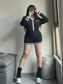 SHEIN EZwear Plus Size Vintage Casual Color Block Collar Jumpsuit, Spring - Black and White - View 5