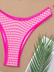SHEIN Swim Springbreak New Women 2 Pieces Summer Beach Vacation Style Pink Plaid Bikini Set, Halter Top, Tie-Front & Low Waist Bottom - Multicolor - View 4