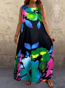 EMERY ROSE Plus Size Summer Sleeveless Floral Print White Dress,Beach Dress Sundress,Holiday Outfits Boho - Green - View 4