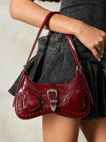 SHEIN X Lucía Bellido SHEIN ICON Ladies, Women Shoulder Bag, Hobo Bag, Fashionable, Personalized, Simple, Versatile, Street, Sweet And Cool Girls, Hot Girls, Y2k, Retro, Rivets, Vintage, Teenagers, Y2k Bag, 2000s Fashion Style, Gothic Punk Bag For Women - Burgundy - View 2