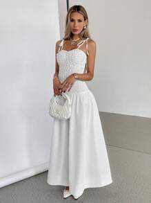 SHEIN Essnce Vestido longo feminino liso com babados e pregas na bainha - Branco - Ver 6