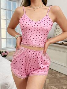 CottageSlumber Conjunto de pijama con camiseta de tirantes y pantalones cortos con estampado de corazón y parches de encaje