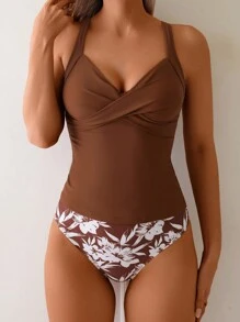 SHEIN Swim Spring Break Women Beach Vacation Random Print Criss-Cross Pleated High Waist Pants, Camisole Vest, Tankini Swimwear Set - Multicolor - View 1