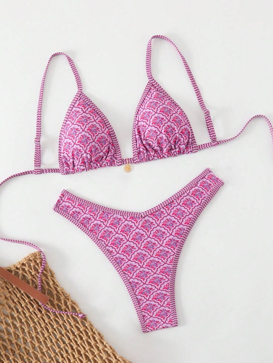 Swim Mod Spring Break Women Summer Random Floral Print Spaghetti Strap Top And High-Cut Bikini Swimwear Set - Multicolor - View 1