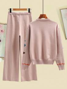 SHEIN LUNE 2pcs Intarsia Knit Sweater And Thick Pants Set, Elegant For Autumn/Winter - Camel - View 2