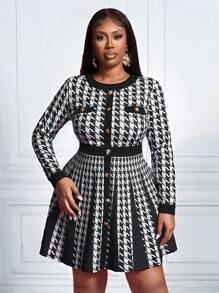 Slaydiva Elegant Fashion Plus Size Women Houndstooth Print Long Sleeve Ruffle A-Line Bodycon Dress,Graduation Dress