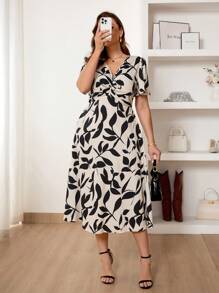 SHEIN Frenchy Plus Size Resort Dresses, Printed Dresses, Summer Short-Sleeved Dresses, Casual Dresses, Boho/Bohemian, Women Beachwear, Long Beach Dress, Plant Print Twist Knot Casual Work Dress - Apricot - View 5