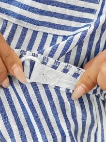 SHEIN 2 Pieces Maternity Set: Slim Fit Shirt And Adjustable Waist Shorts - Blue and White - View 4