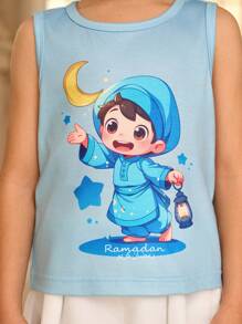 Ramadan Character Print Round Neck Casual Tank Top For Young Boy