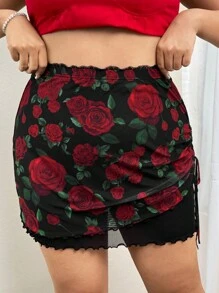 SHEIN ICON تنورة شبكية مطبوعة برسومات وردية مع حبل جانبي للتاريخ في عيد الحب، مناسبة للصيف لمقاسات كبيرة - متعدد الألوان - مشاهدة 1