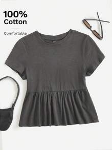 SHEIN EZwear 女士加大码纯色圆领拼接 A 字型棉质娃娃裙 T 恤（灰色） - 灰色 - 查看 6