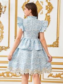 SHEIN 少女立领荷叶边袖花卉刺绣衬衫和百褶裙 2 件套 - 藍色 - 查看 2