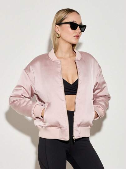 AiiRZ Luxurious Satin Bomber Lightweight Padded Flight Jacket Retro Style Casual Streetwear Zip-Up Athletic Sporty Baseball Varsity Spring Autumn Outerwear