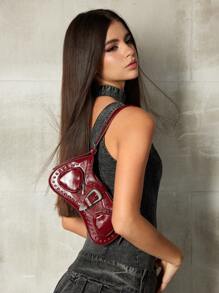 SHEIN X Lucía Bellido SHEIN ICON Ladies, Women Shoulder Bag, Hobo Bag, Fashionable, Personalized, Simple, Versatile, Street, Sweet And Cool Girls, Hot Girls, Y2k, Retro, Rivets, Vintage, Teenagers, Y2k Bag, 2000s Fashion Style, Gothic Punk Bag For Women - Burgundy - View 7