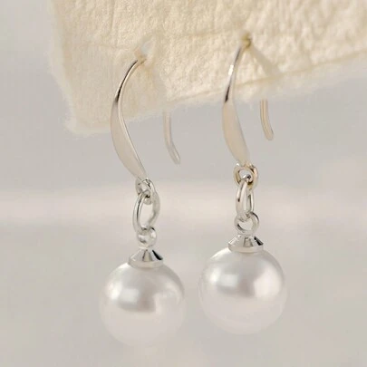 1pair 925 Sterling Silver 10mm Pearl Drop Earrings, Women's Jewelry Ear Hook Earrings Winter Gifts