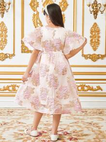 SHEIN Leap Crew Vestido midi de jacquard floral con cuello redondo y ribete de volantes elegante para niña preadolescente - Rosa - Ver 3
