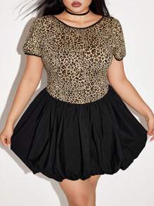 SHEIN ICON Plus Size Leopard Print Patchwork Bow Decor Backless Short Sleeve Dress - Multicolor - View 4