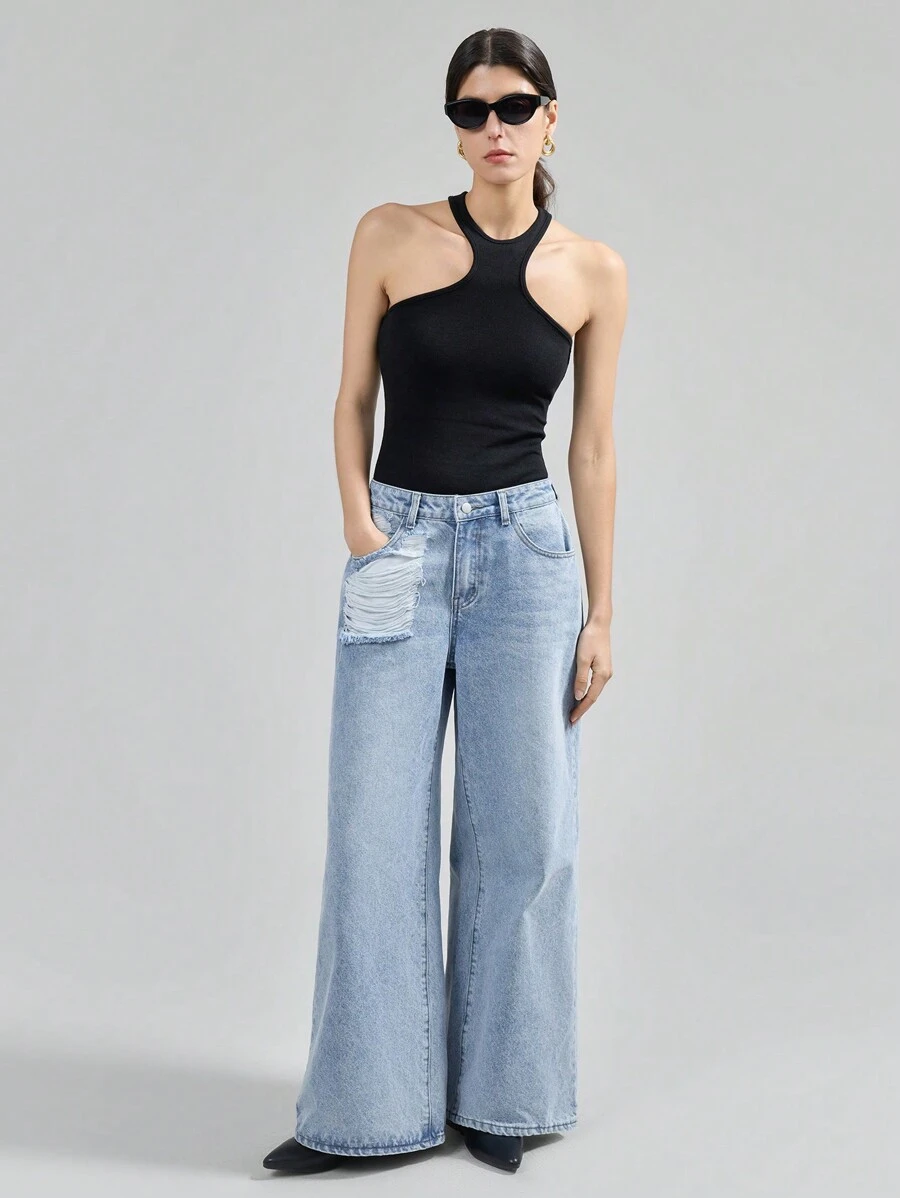 Ontre Women's Blue Jeans Low Rise Ripped Jeans Wide Leg Pants Spring And Summer Pants - Light Wash - View 1