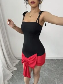 Elenzga Bow Knot Party Sleeveless Bodycon Mini Dress - Red and Black - View 3