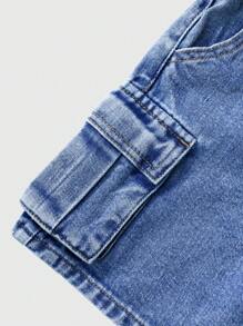 Young Boy Casual Basic Street Cool Fashion New Washed Multi-Pocket Straight Loose Leg Cargo Denim Shorts, 2025 Spring/Summer New, Suitable For Daily Wear,HOT - Light Wash - View 4