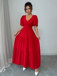 Chiquease Fashionable Everyday V-Neck Tied Backless Ruched Layered Dress For Women