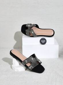 SHUZIA Wide Fitting Women's Luxe-Inspired Rhinestone Harness Cutout Open Toe Pewter Black Slides –Plus Size, Dazzling, Shiny & Luxurious Spring Shoes Spring Break Easter Mother's Day Present For Christmas Valentine's Day - Black - View 4