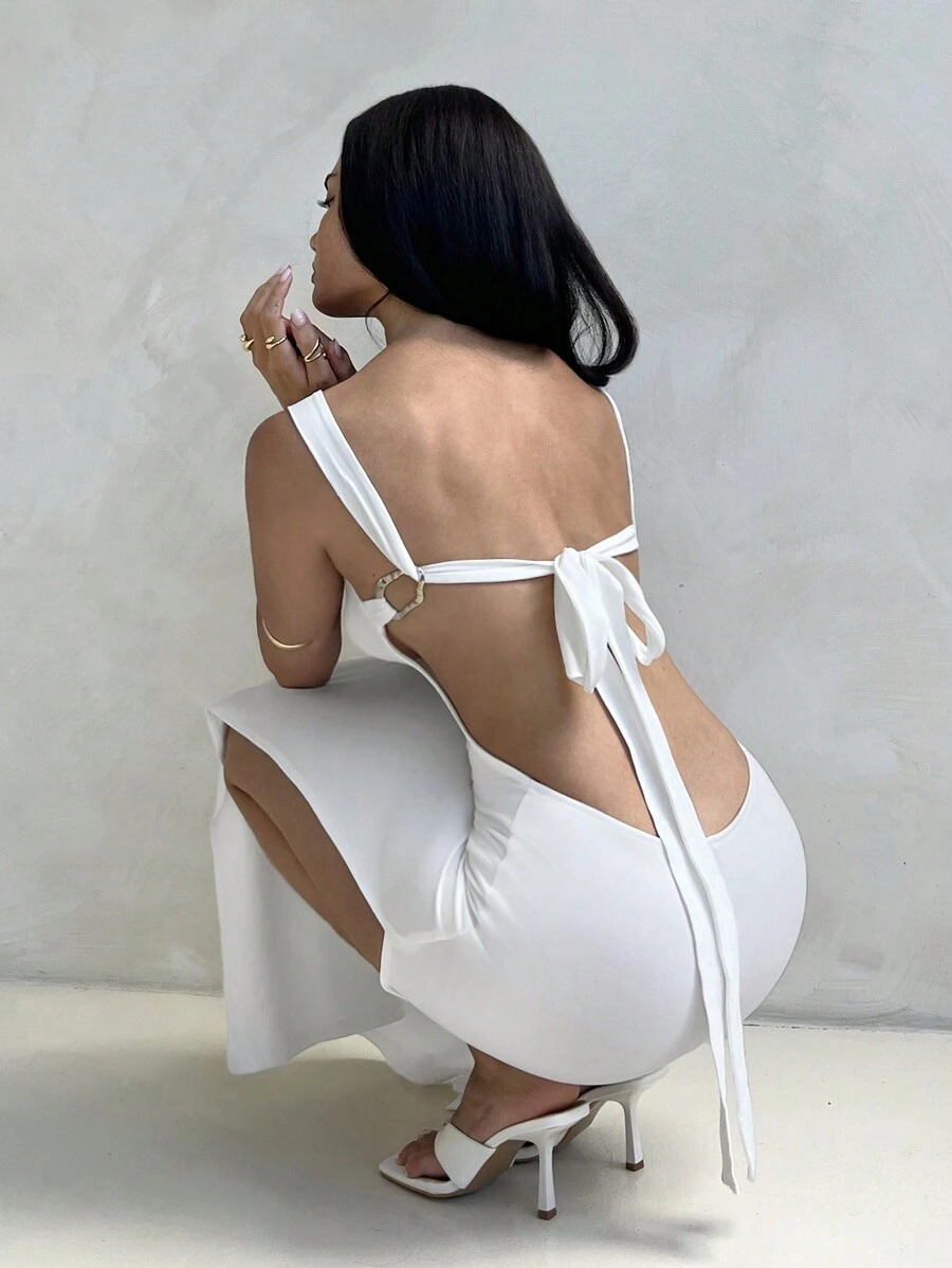 Aloruh Women's Vacation Sexy Bowknot Backless High Slit Dress, With Metal Ring Decor, White