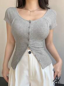 DAZY 女士纯色圆领插肩袖短袖单排扣针织上衣夏季 - 灰色 - 查看 4