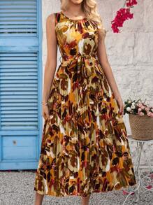 Gownix Round Neck Belted Pleated Oil Painting Print Dress For Women, Suitable For Daily Commute Wear,Summer , Vacation Outfits Woman,Summer Outfits For Women - Multicolor - View 2