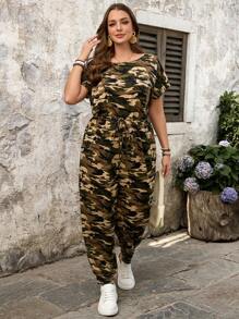 EMERY ROSE 夏季大码迷彩弹力腰带口袋短袖圆领连体裤