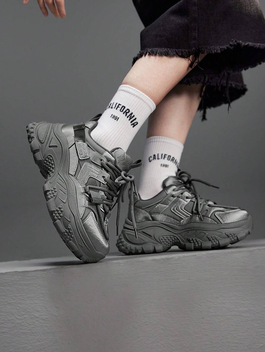 Vate Women's Thick Sole Lace Up Casual Sneakers, Fashionable - Grey - View 1