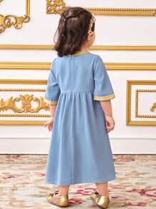 SHEIN 女婴纯色拼接金线编织缎带长裙 - 藍色 - 查看 3