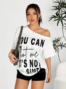 Muchica Letter Print Shoulder-Baring White T-Shirt, Minimalist & Fashionable For Casual Everyday Wear - White - View 4