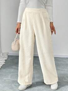 SHEIN Unity Plus Size Women Solid Color Elastic Waist Loose Casual Wide Leg Pants Fall Cloth For Women - Beige - View 3